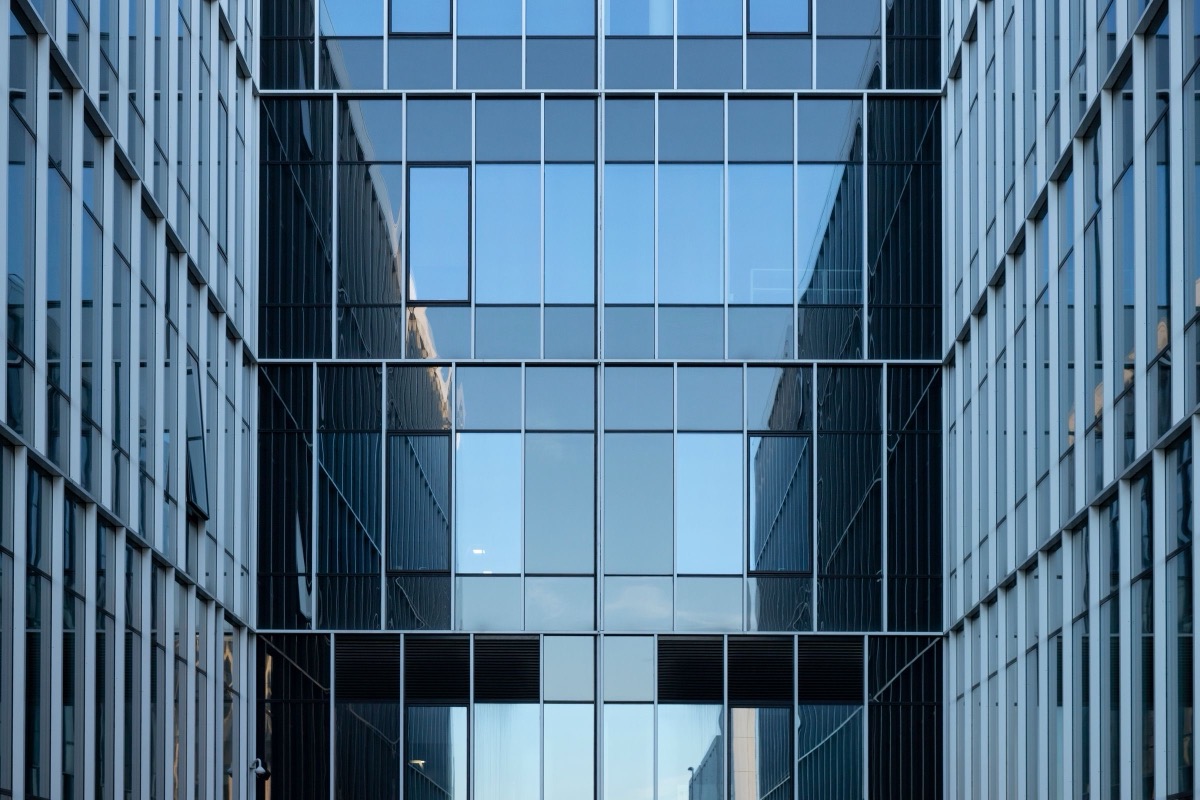 A modern office building with a glass facade